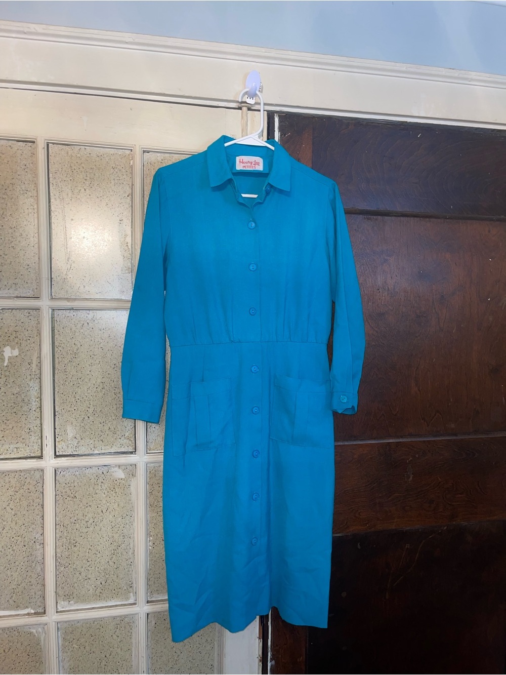 Vintage Henry Lee Petites Button-Front Teal Shirt Dress with Pockets